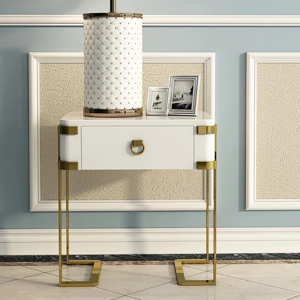 

White Nightstand Lacquered Bedroom Table 1 Drawer Stainless Steel