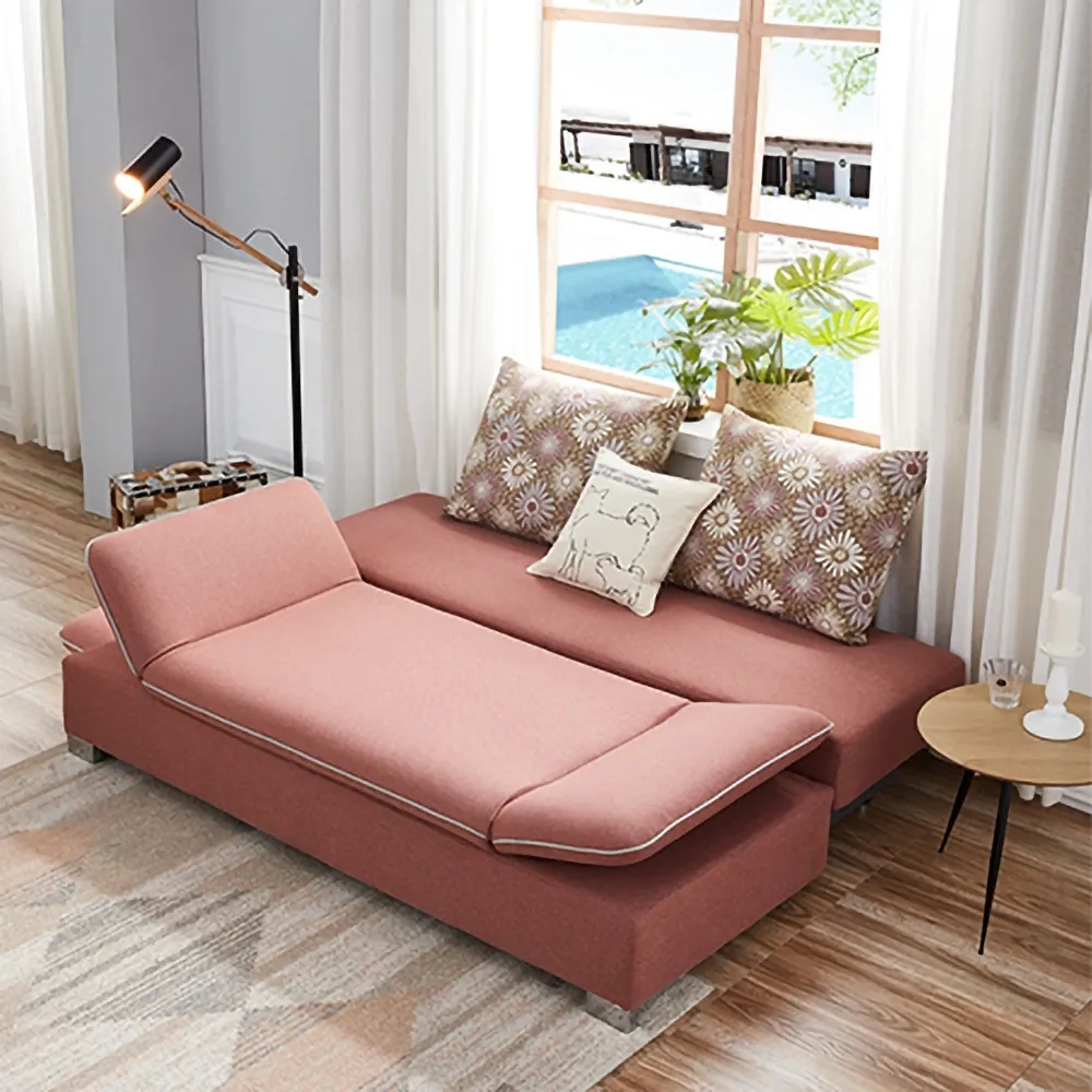 Full Sleeper Sofa Pink Upholstered Convertible Sofa With Storage 3 Function