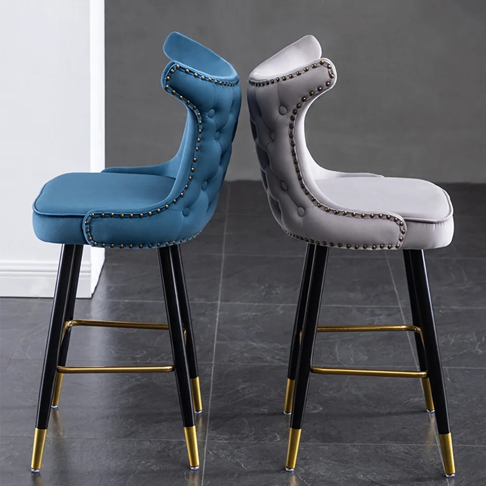 Blue Counter Height Bar Stool Velvet Upholstery with Tufted Back Set of 2