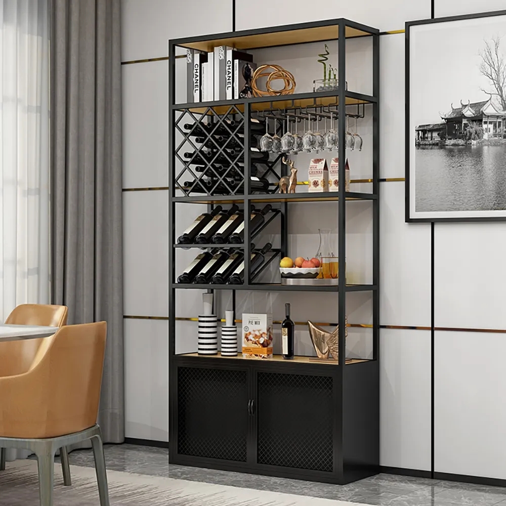 Industrial Tall Wine Rack Floor Home Bar Cabinet with Glass Rack & Bottle Holder