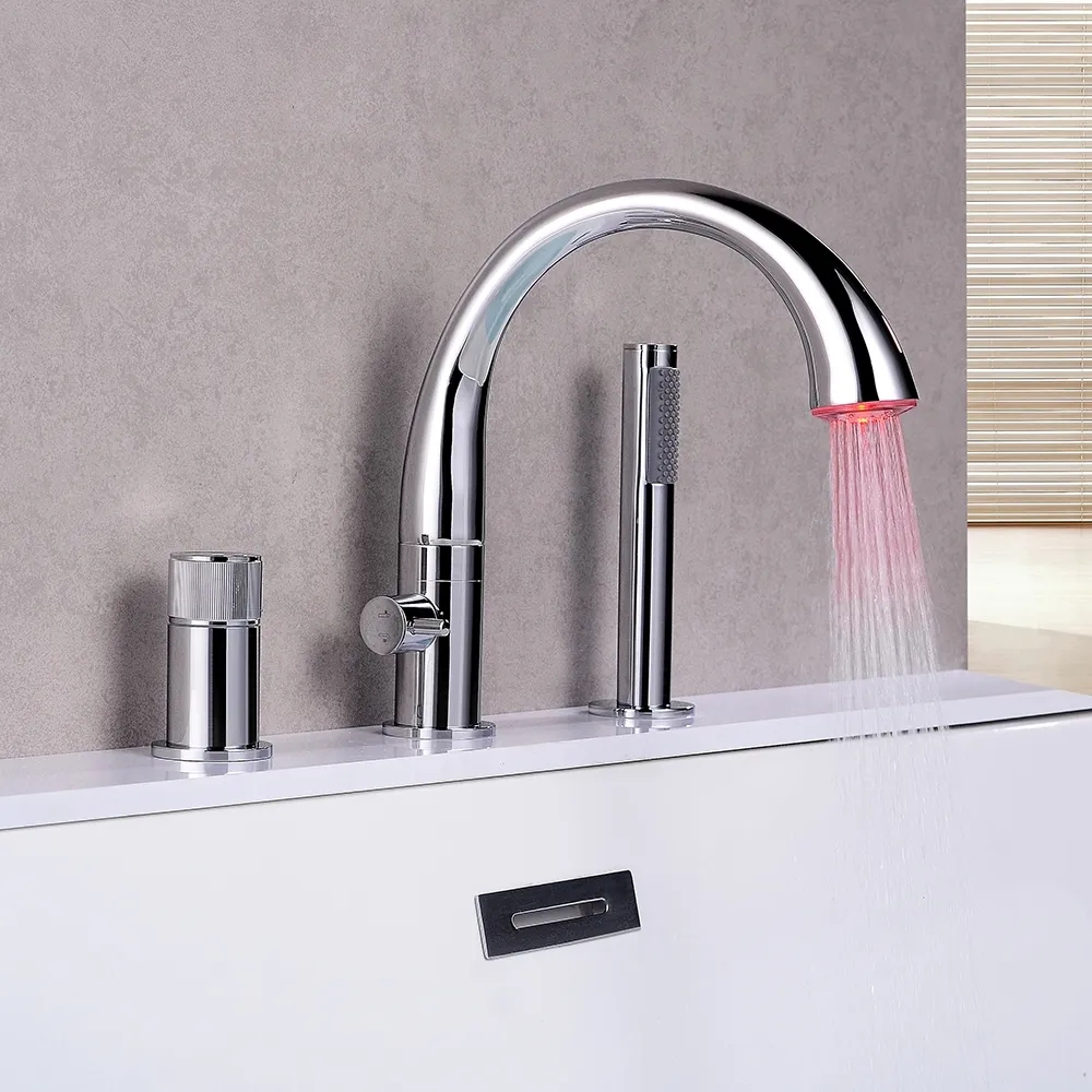 

LED 3-Piece Deck Mounted Waterfall Roman Tub Faucet & Hand Shower Solid Brass, Chrome