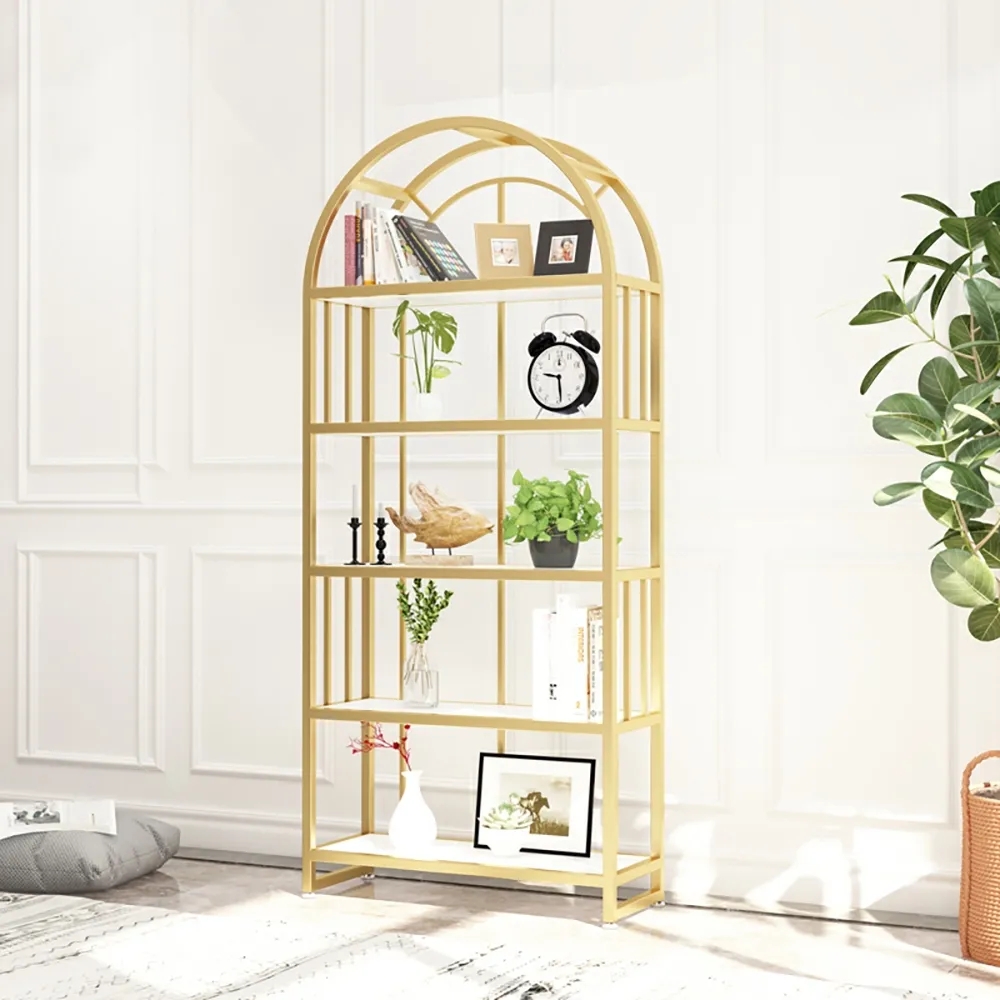 

70" Contemporary Etagere Bookshelf in White & Gold