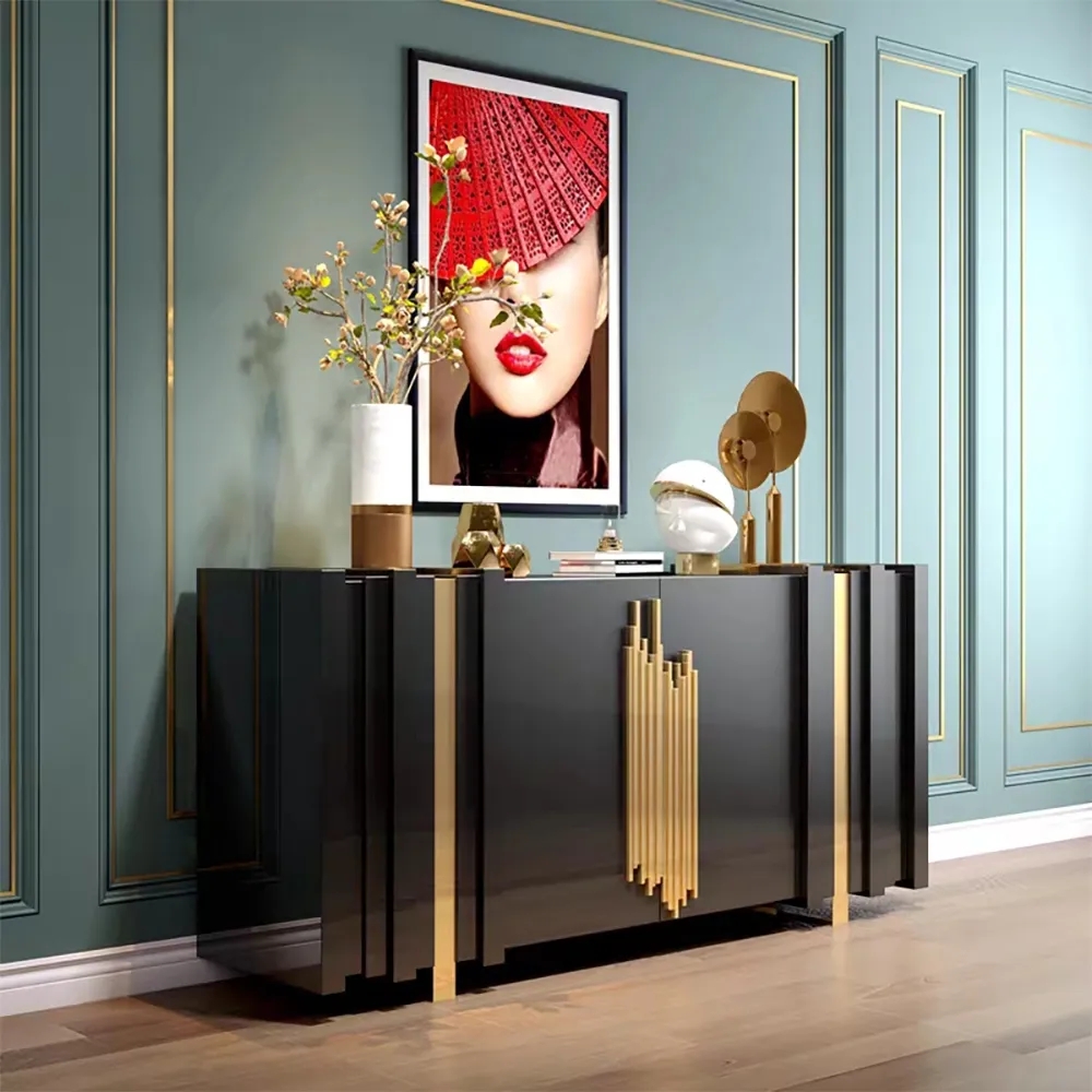 1600mm Light Luxury Sideboard Black Rectangular Buffet with 2 Doors & 2 Shelves in Gold