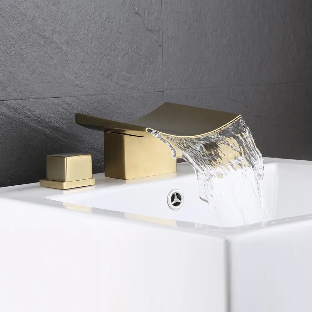 Grop Brushed Gold Waterfall Widespread Bathroom Sink Faucet Double