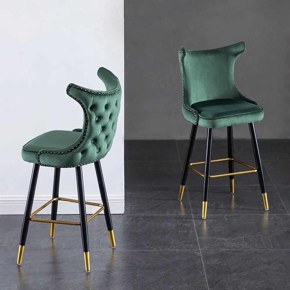 Image of Green Counter Height Bar Stool Velvet Upholstery with Tufted Back Set of 2
