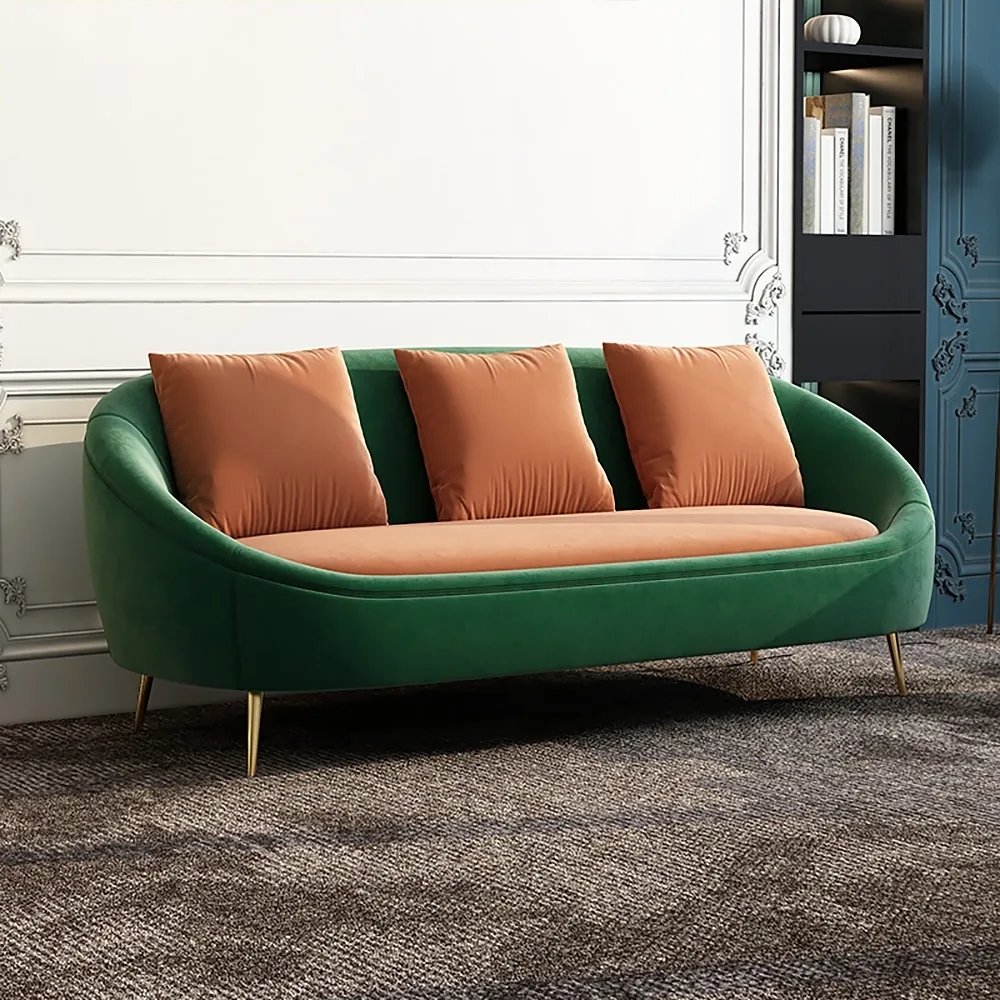 

76.8" Green & Orange Velvet Upholstered Oval Sofa for 3-Seater with Pillows Included