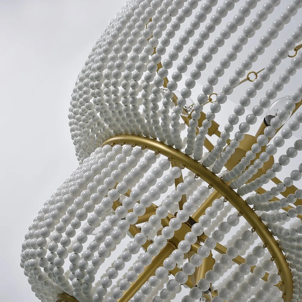 Modern 2-Tier White Ceramic Beads Gold Metal Frame 7-Light Chandelier in Brass