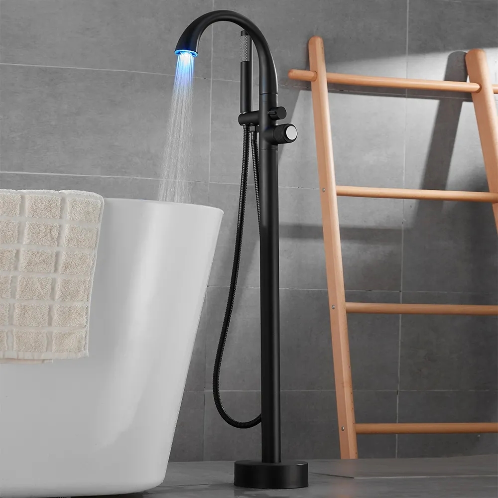 Grifo de baño independiente LED con ducha de mano Caño de relleno de arco alto latón macizo
