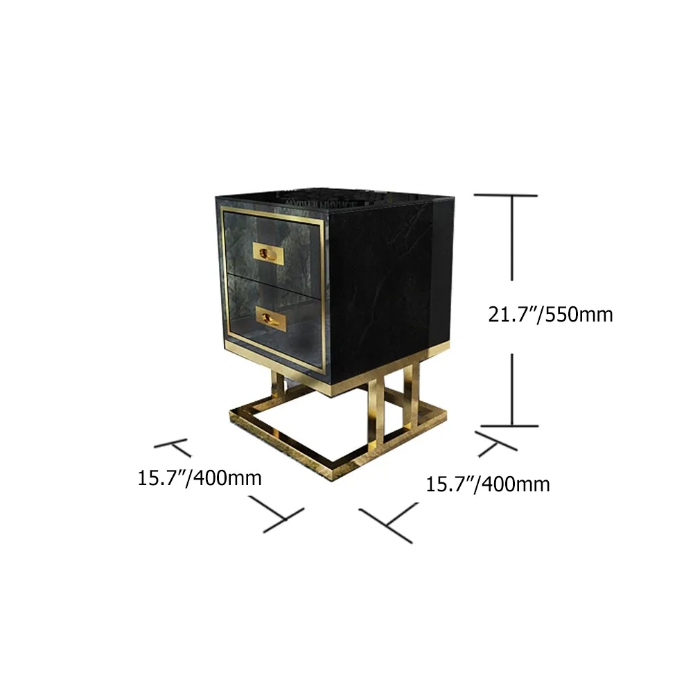 Modern Black Side Cabinet with Tempered Glass Top Lacquered & 2 Drawers Gold Finish