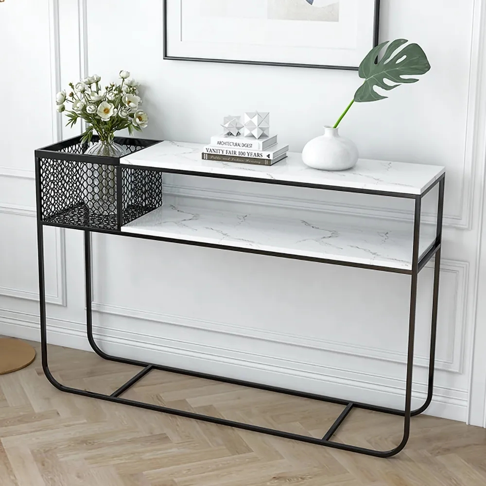 Modern Luxury Faux Marble Narrow Console Table Rectangle Black Finish