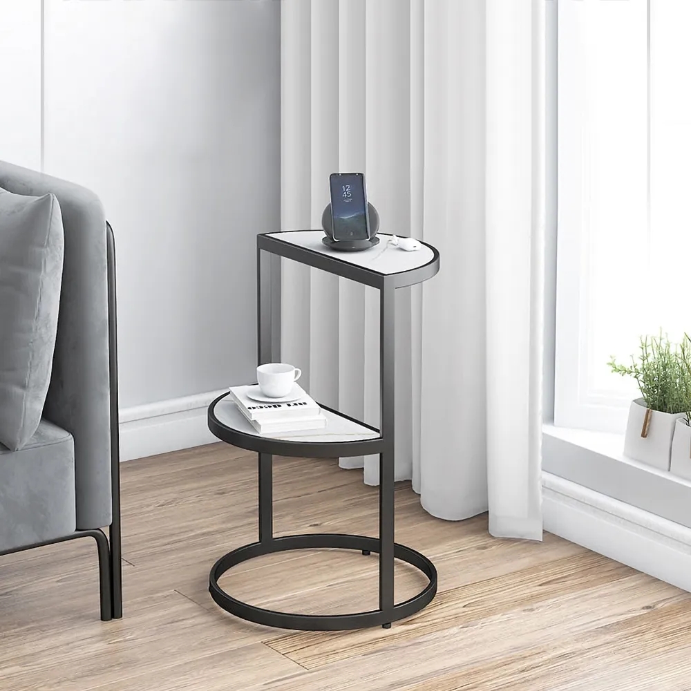 

Black End Table 2-Tier Side Table Stone Top