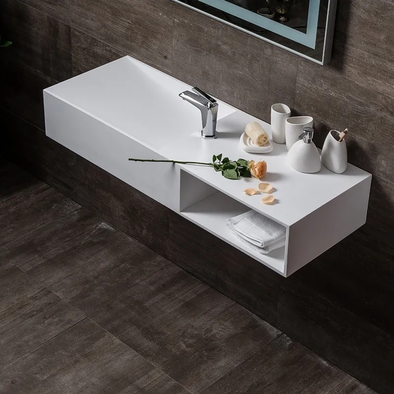 Image of 35" Wall-Mount Stone Resin Bathroom Sink in Matte White with Storage Cubby Hole