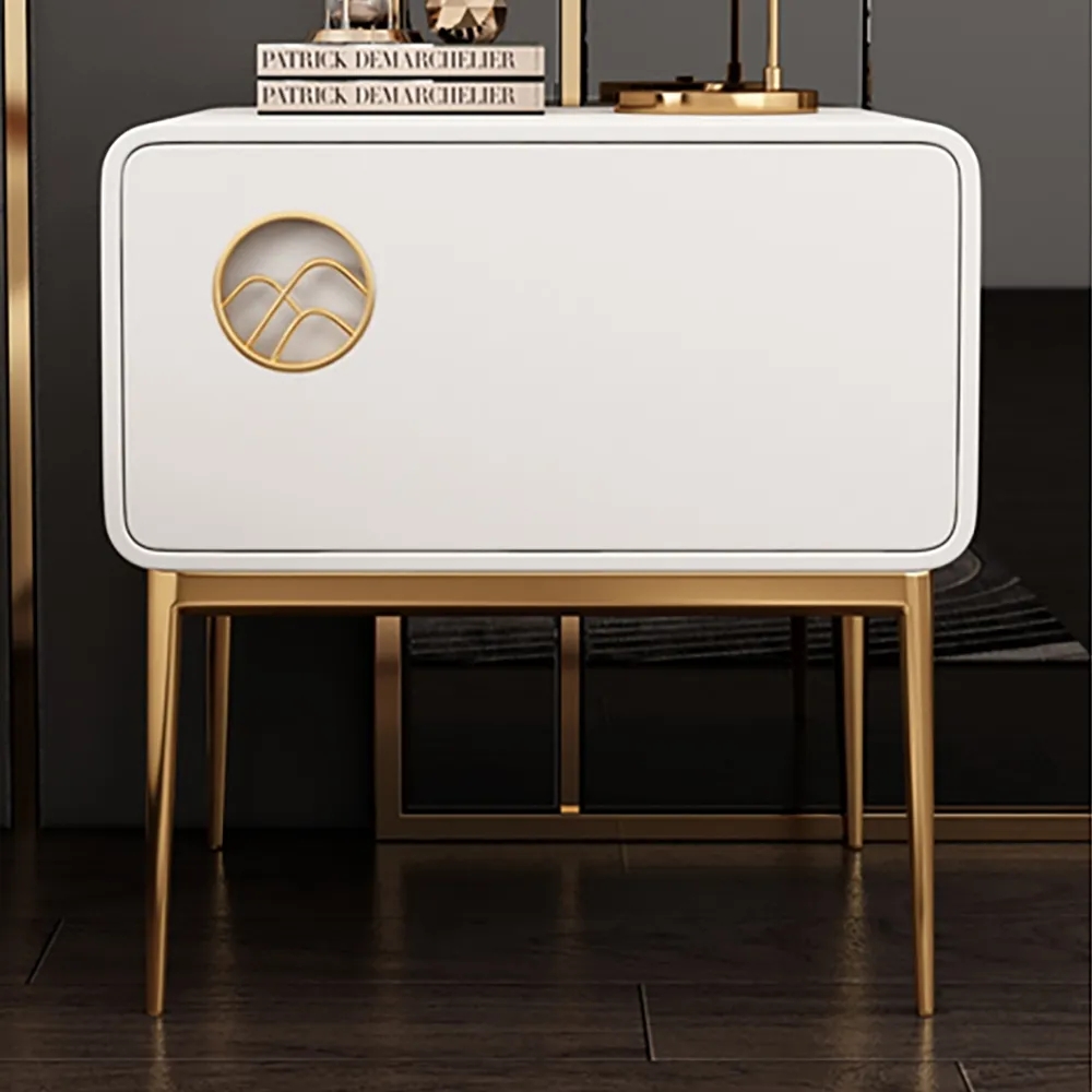 

Modern White Nightstand Luxury 1-Drawer Faux Leather Bedside Table Gold Finish