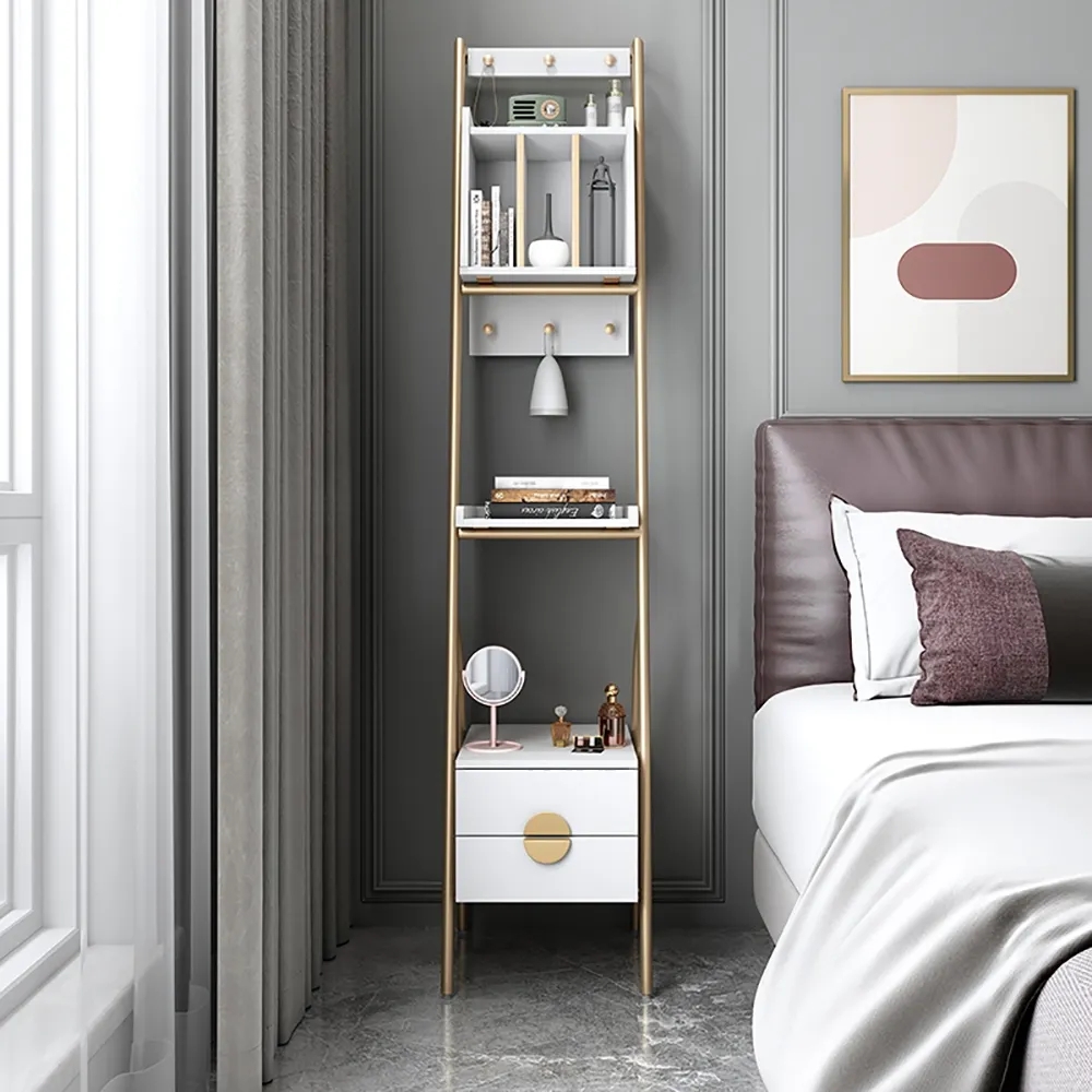 

Modern Ladder Bookshelf with Drawers & Hooks Bookcase for Bedroom Apartment, White