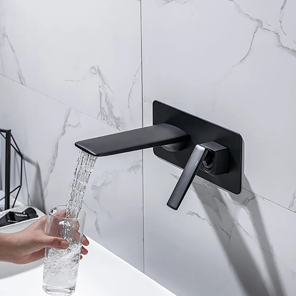 Contemporary Black Single Lever Handle Wall Mounted Solid Brass Bathroom Basin Tap