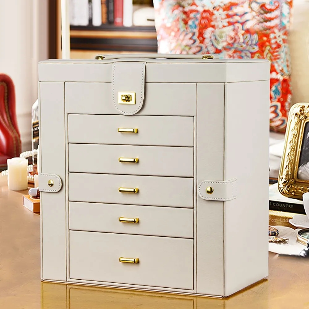 

6-Tier Desk Organizer Jewelry Box with Drawers & Mirror, White