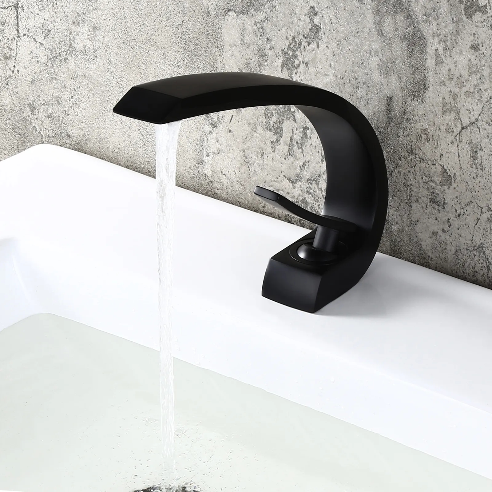 Modern Single Hole 1-Handle C-Shaped Curved Spout Bathroom Sink Faucet with Pop Up Drain in Matte Black