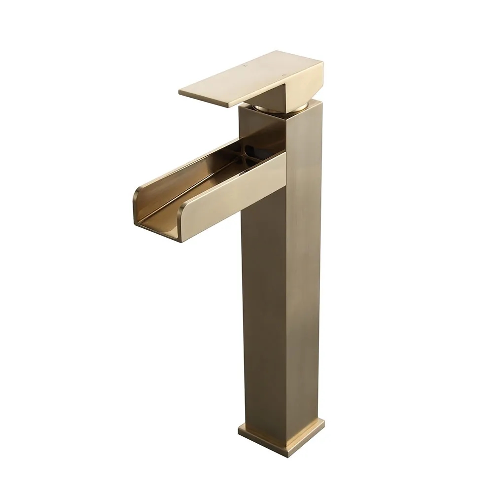 Brushed Gold Single Handle Waterfall Bathroom Vessel Sink Faucet Solid Brass Modern