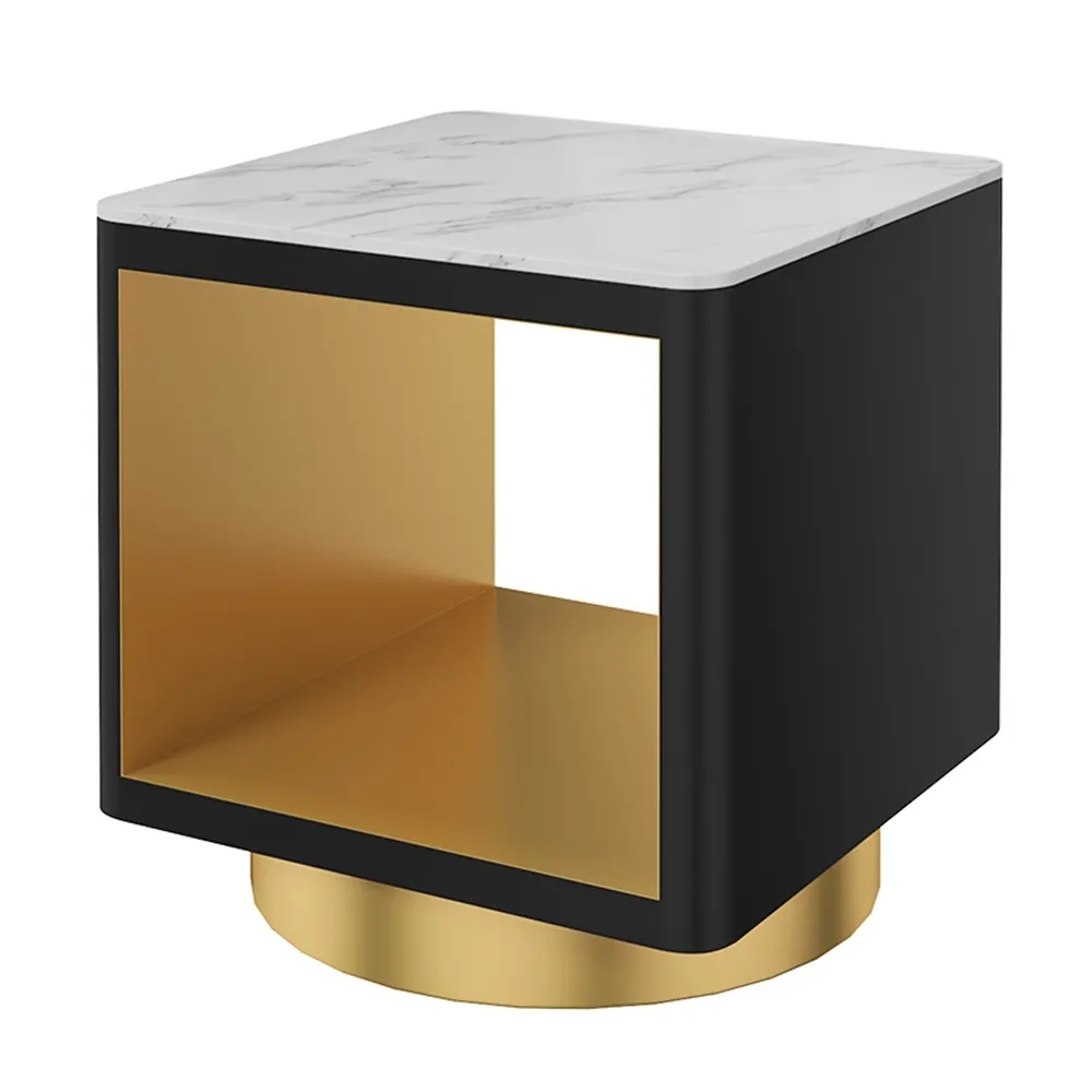 Modern White Side Table with Storage Hollow Cube Table with Gold Metal Pedestal