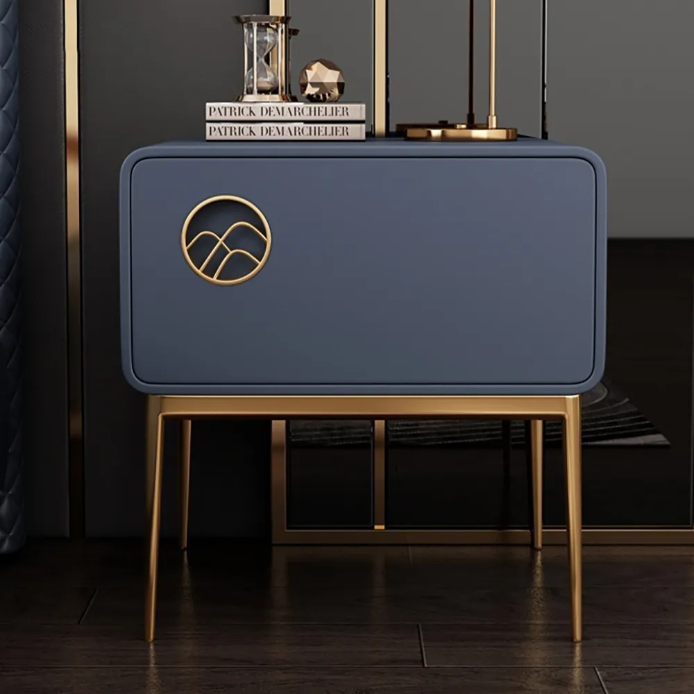 

Modern Blue Nightstand Luxury 1-Drawer Faux Leather Bedside Table Gold Finish