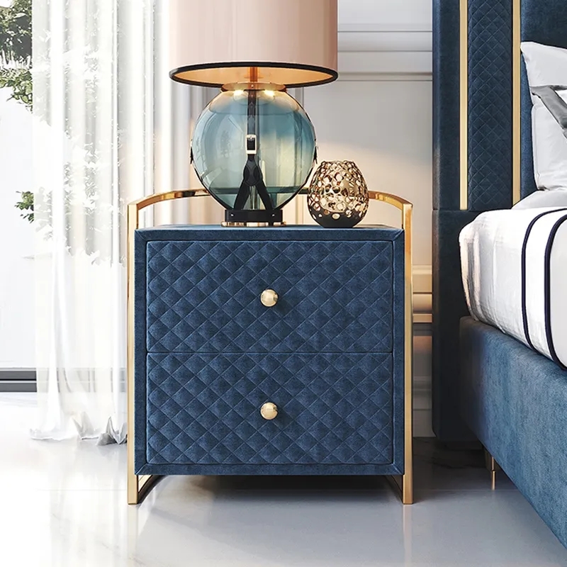 Modern Velvet 2 Drawer Nightstand Gold Bedroom Bedside Chest in Blue