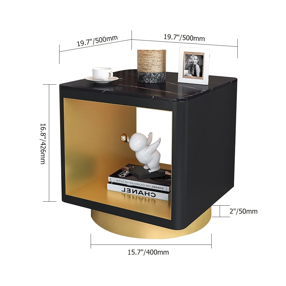 Modern Black Side Table with Storage Hollow Cube Table with Gold Metal