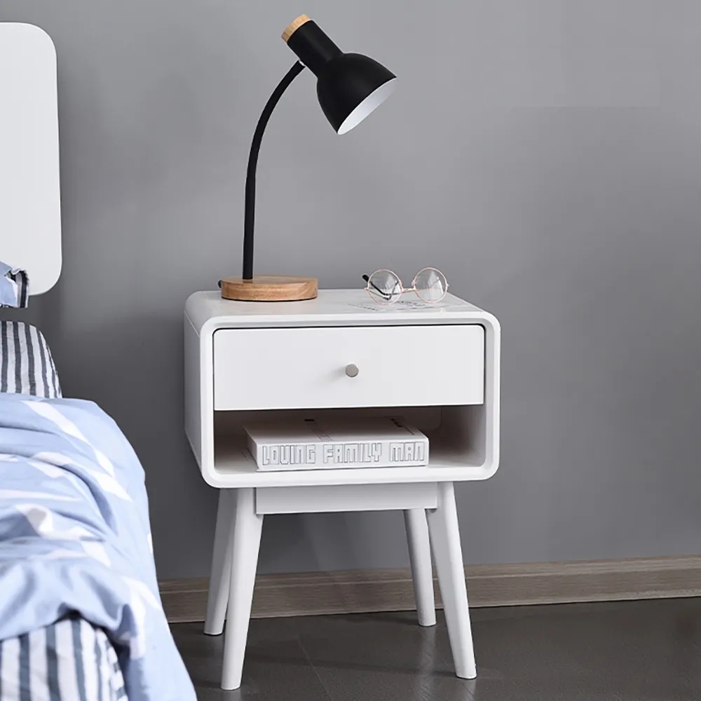 

Mid-century White 1-Drawer Bedroom Nightstand with Brass Pull