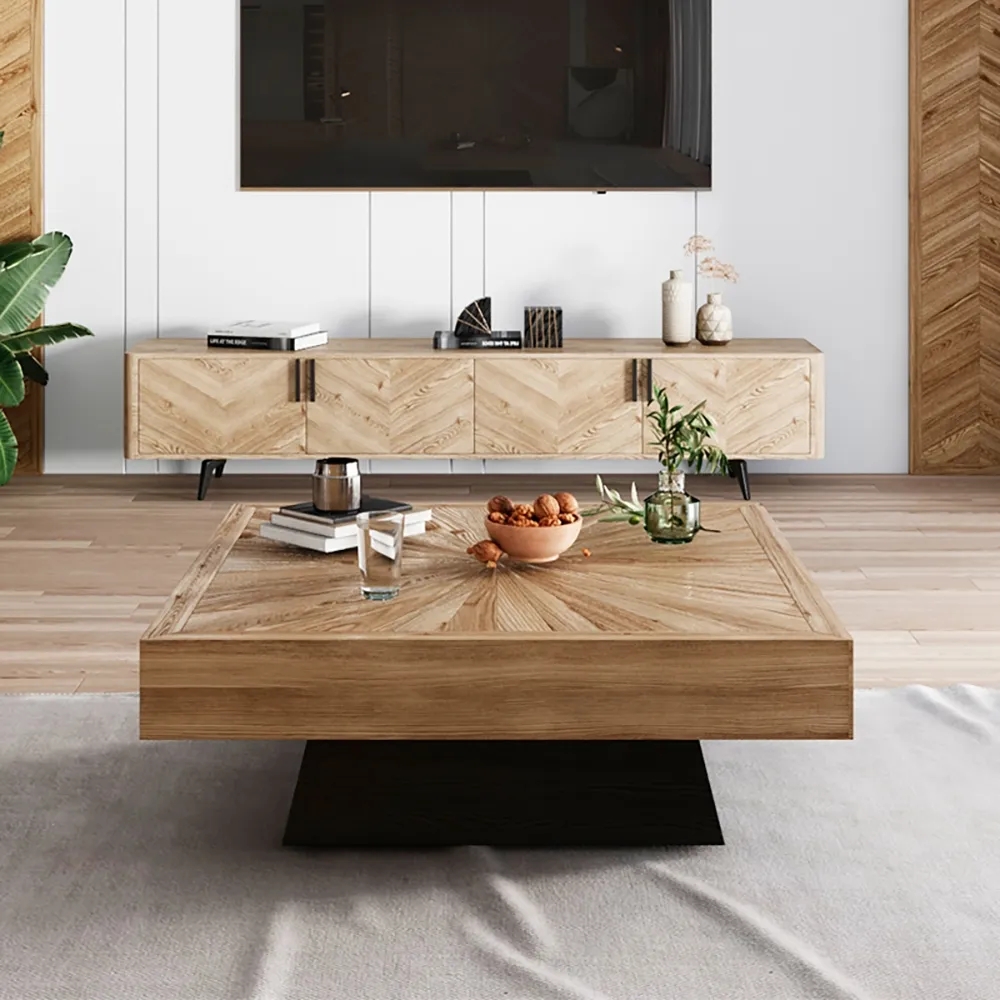 Modern Square Coffee Table with Wooden Top Black & Natural Living