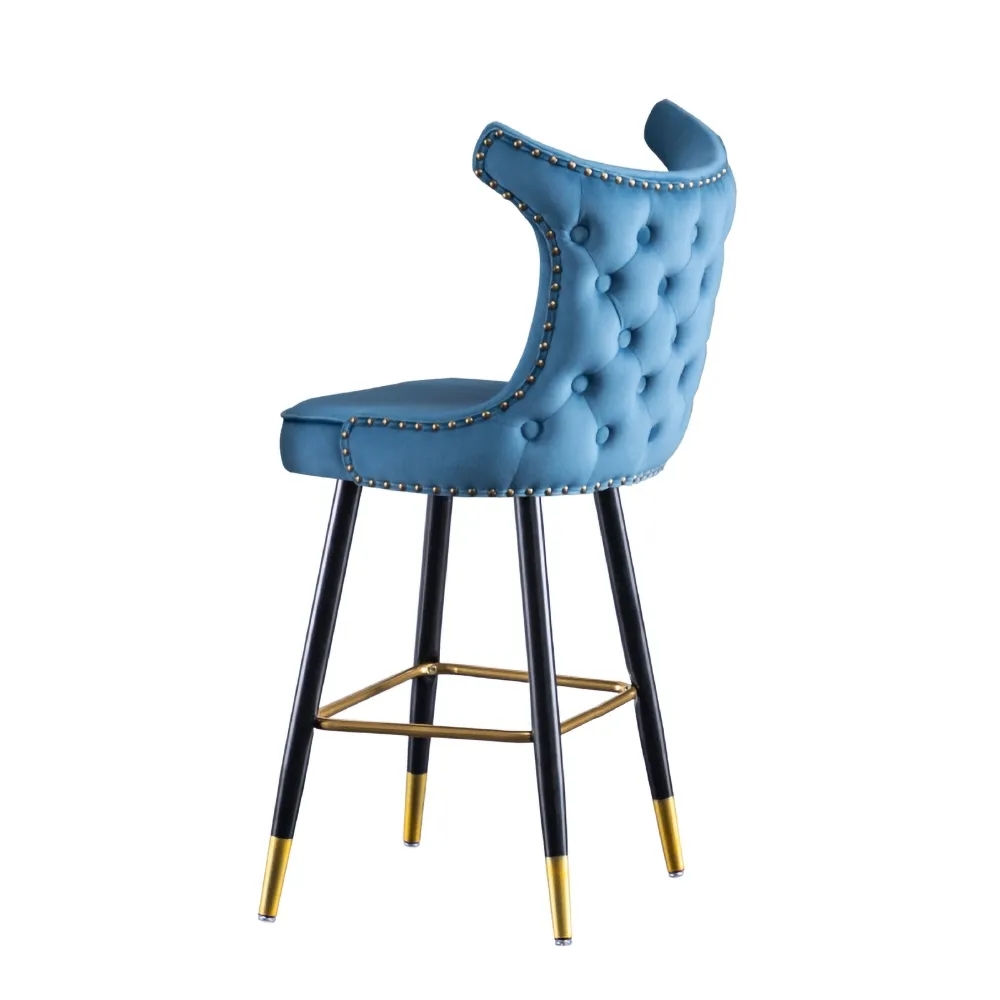 Blue Counter Height Bar Stool Velvet Upholstery with Tufted Back Set of 2
