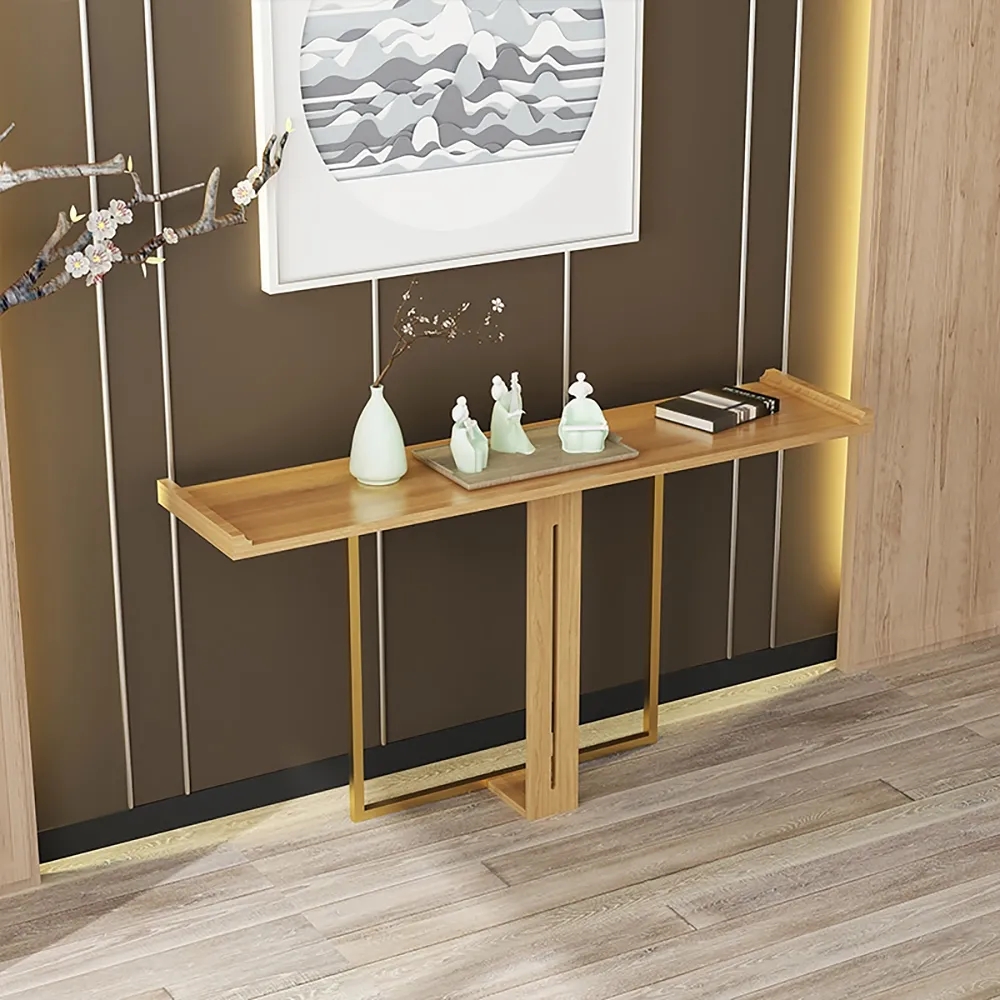 

39" Narrow Console Table for Entryway Foyer Natural Solid Wood & Gold Metal in Small