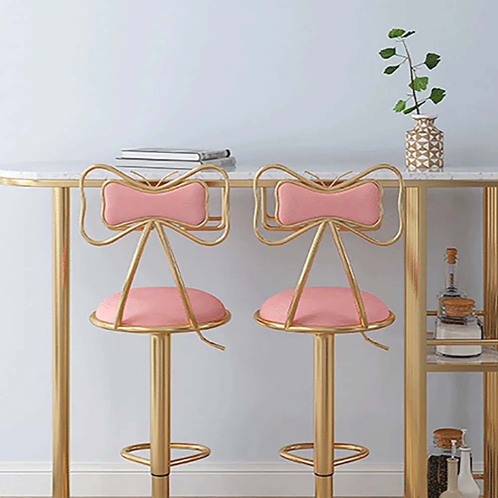 

Pink Bar Stool Bowknot Backrest Velvet Upholstery Bar Chair Adjustable Seat Height