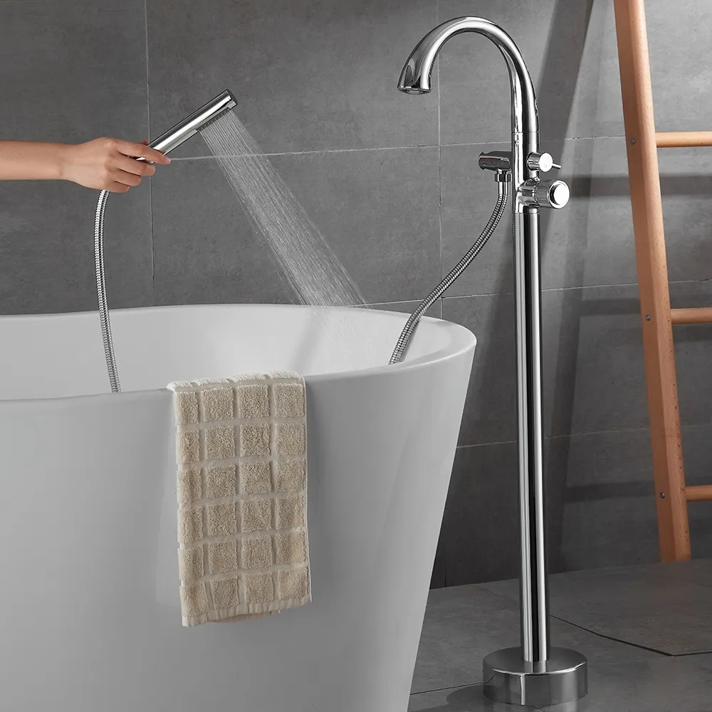 LED Freestanding Tub Faucet with Handheld Shower High-Arc Filler Spout Solid Brass