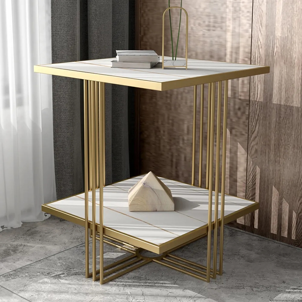 White Stone Top Side Table with Storage and Geometric Gold Frame