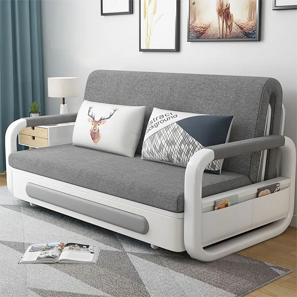 Gray Modern 74" Full Sleeper Sofa Cotton&linen Upholstered Convertible Sofa with Storage Drawers&Pockets