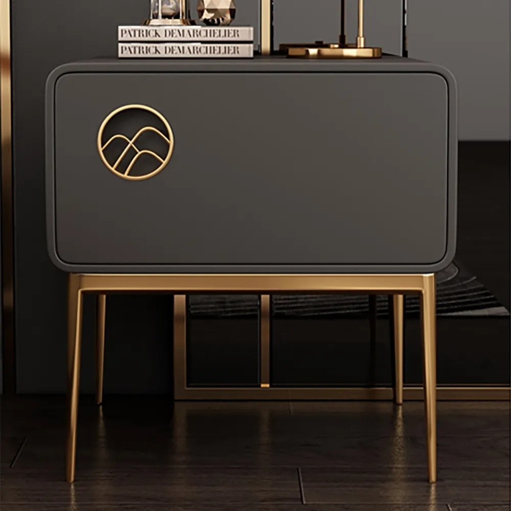 

Modern Gray Nightstand Luxury 1-Drawer Faux Leather Bedside Table Gold Finish