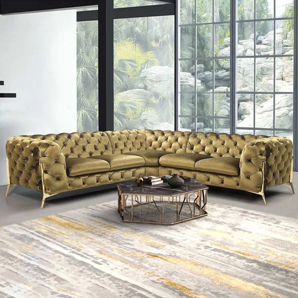 

Modern Sofa Sectionals Velvet Upholstered Sofa Chesterfield Sofa in Metal Legs Yellow