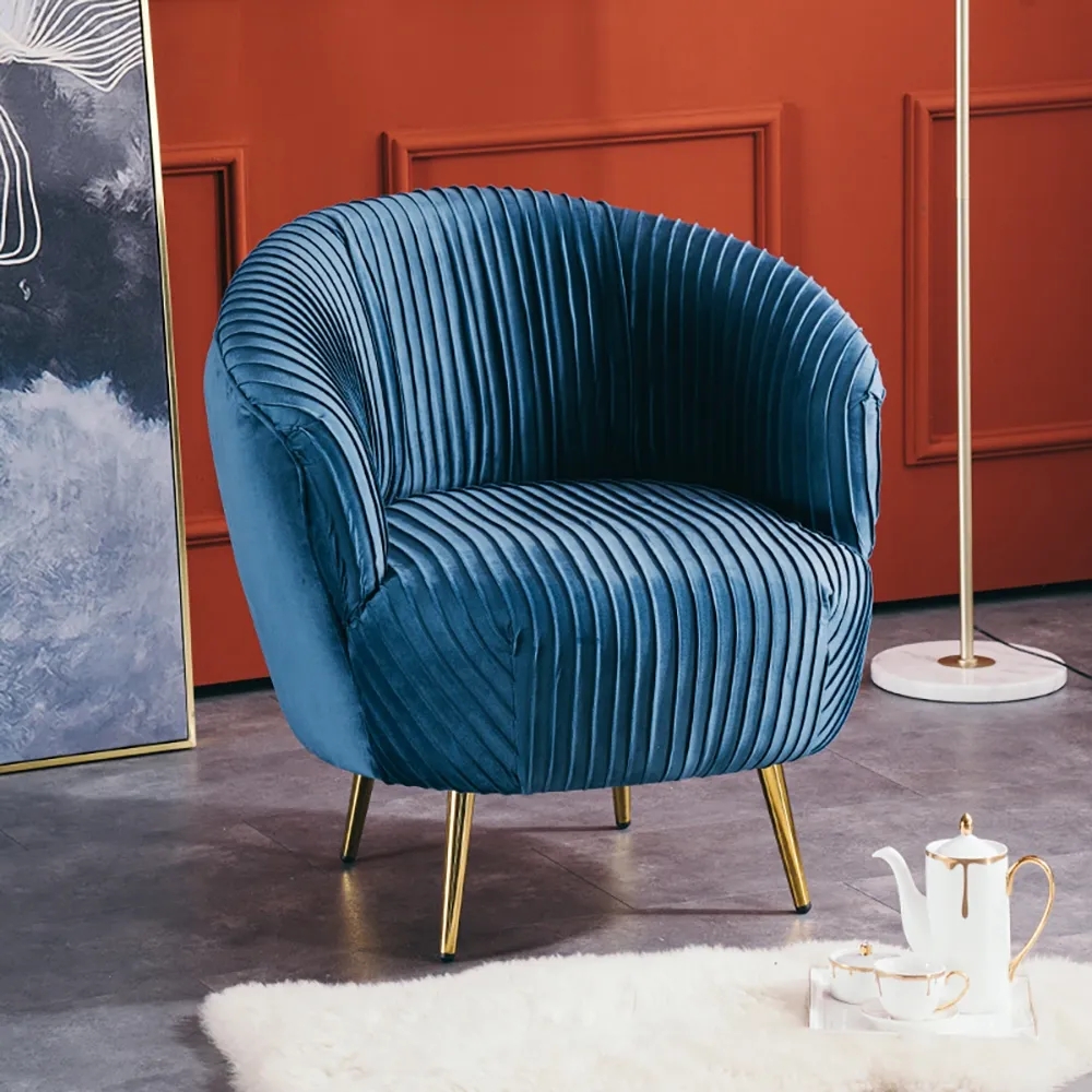 

Blue Velvet Accent Chair Upholstered Arm Chair with Metal Legs in Gold