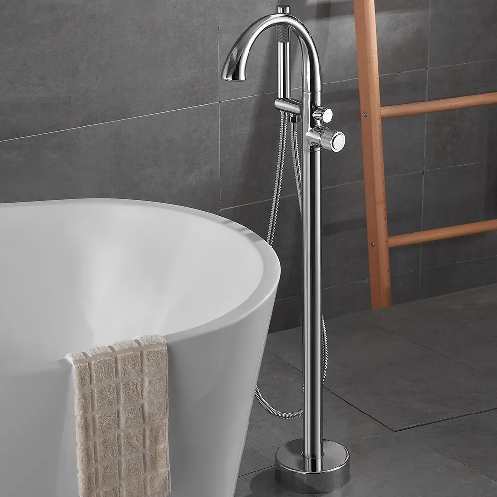LED Freestanding Bath Tap with Handheld Shower High-Arc Filler Spout Solid Brass
