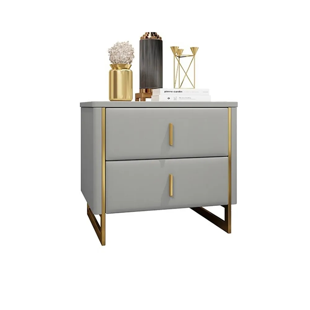 Modern Gray Nightstand 2-Drawer Faux Leather Bedside Table in Gold