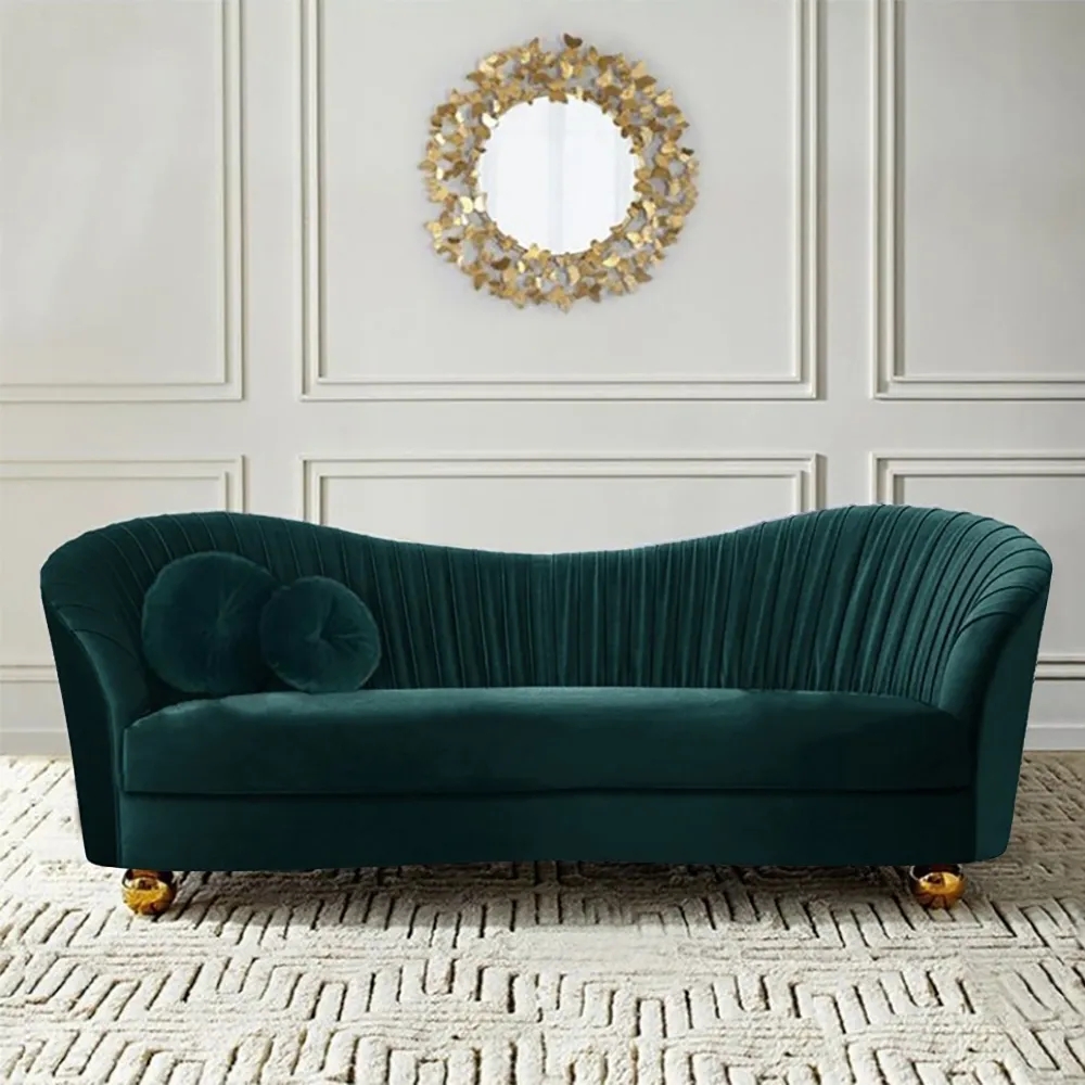 

Green 78.7" Cruved Backrest Sofa Velvet Upholstered Sofa in Stainless Steel Gold Legs Sofa