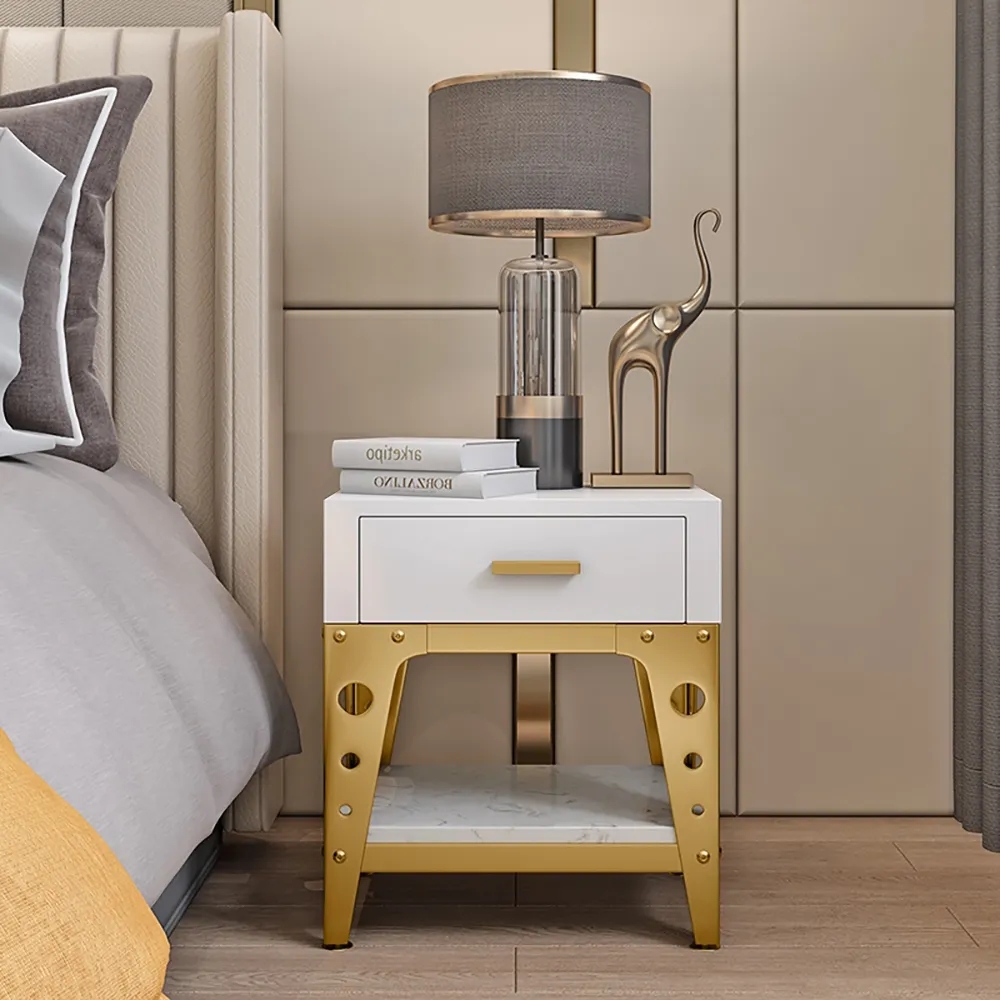 

Modern White Nightstand Faux Marble Bedside Table with Drawer & Shelf in Gold