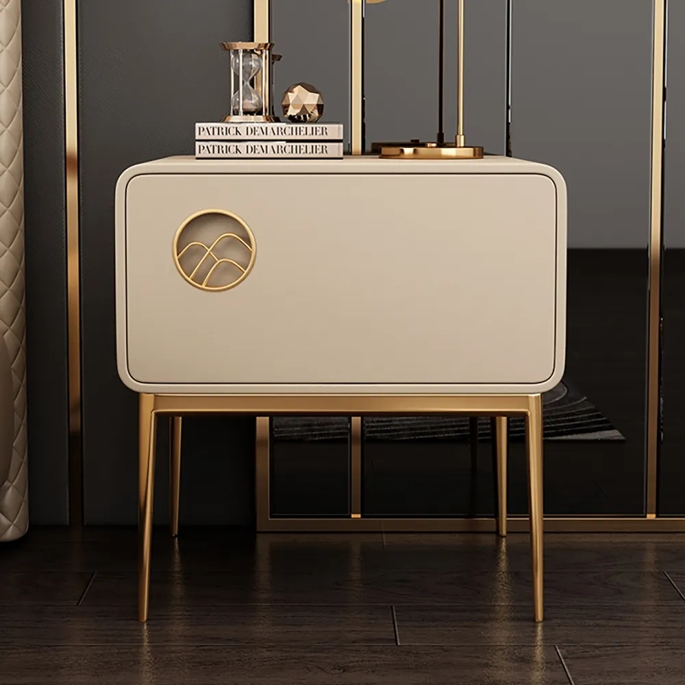 

Modern Beige Nightstand Luxury 1-Drawer Faux Leather Bedside Table Gold Finish