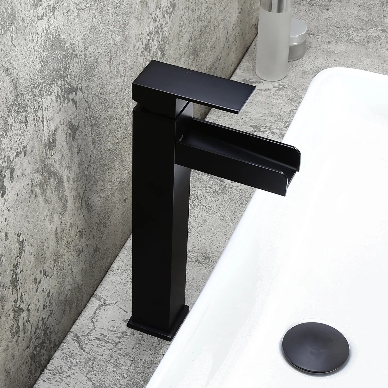 

Matte Black Single Handle Waterfall Bathroom Vessel Sink Faucet Solid Brass Modern