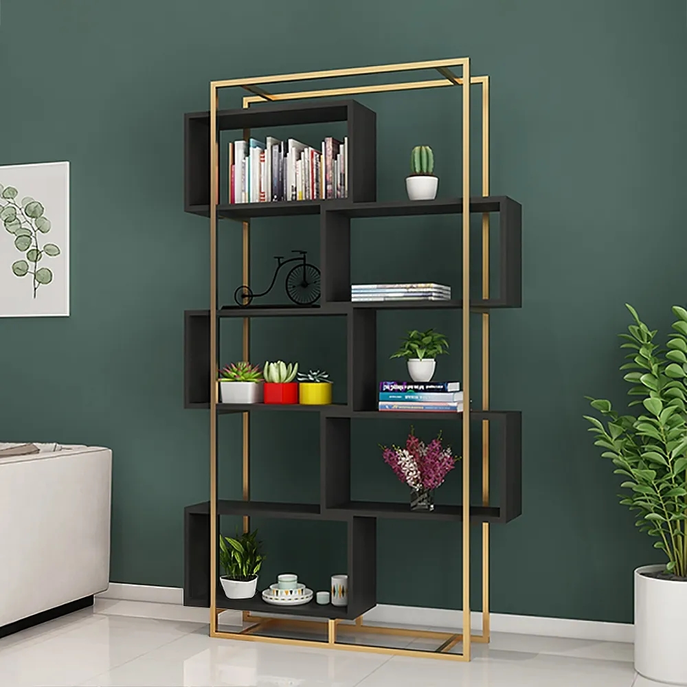 

78" Modern 9-Tiered Etagere Bookshelf in Black & Gold