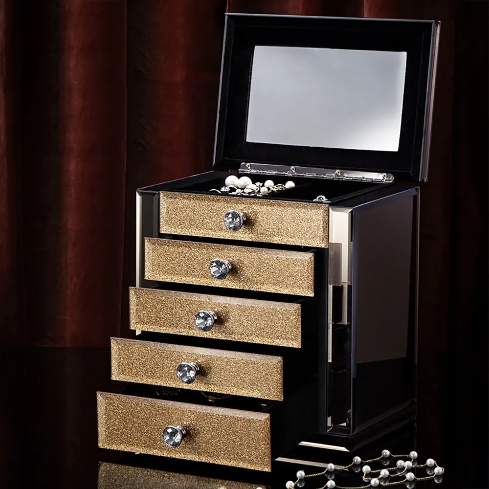 5-Tier Desk Organizer Glass Jewelry Boxes with Drawers&Mirror