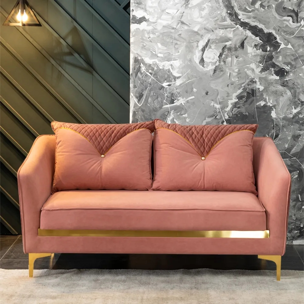 Sofá rectangular de 3 plazas tapizado de terciopelo rosa de 61 pulgadas de largo con cojines en la parte trasera del brazo cuadrado