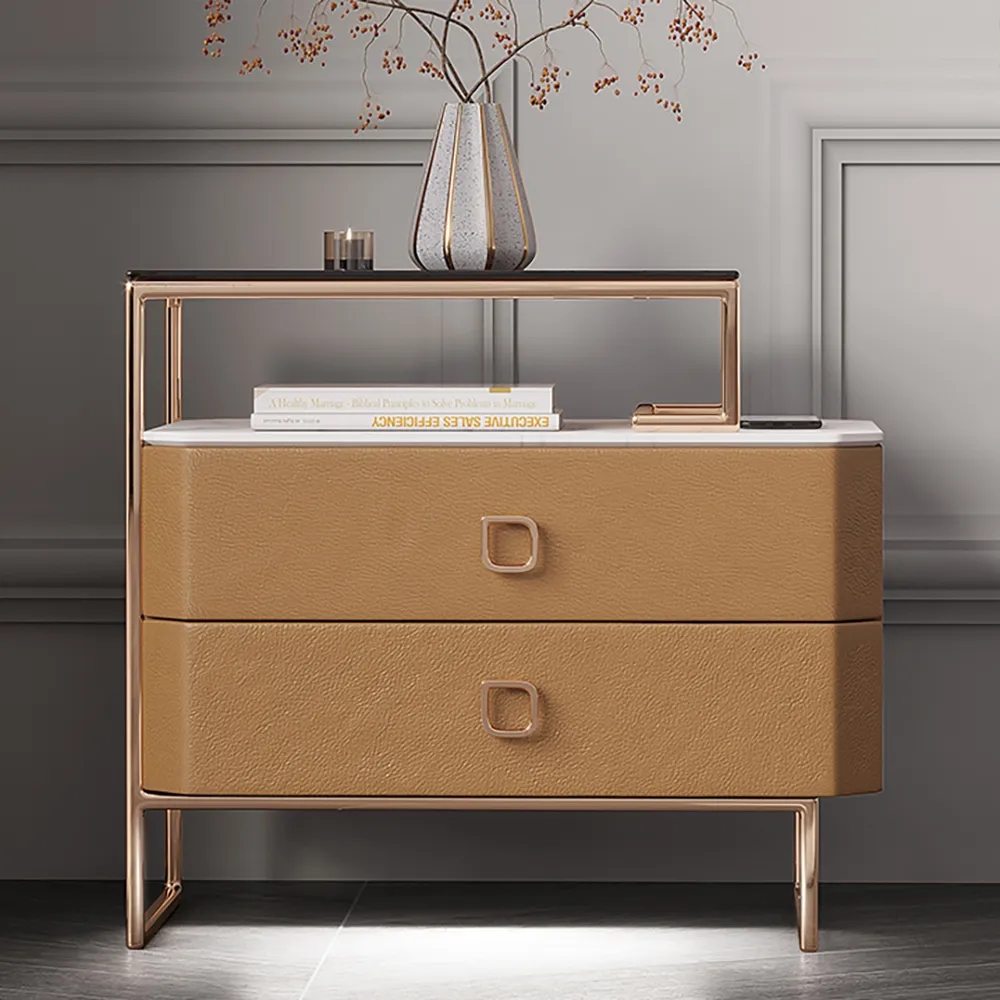 

Orange Nightstand Microfiber Leather Upholstery Bedside Table with Light