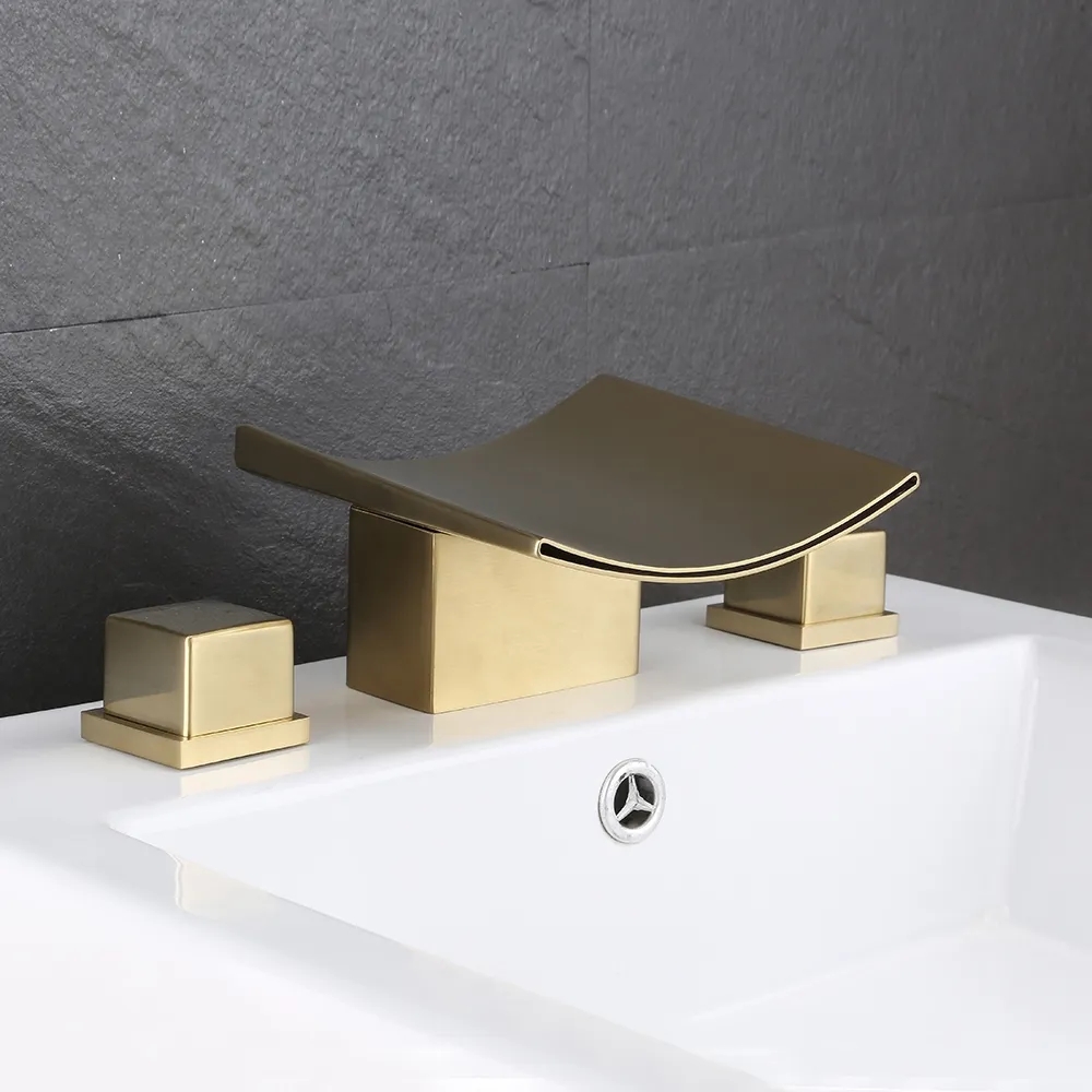 Grop Brushed Gold Waterfall Widespread Bathroom Sink Faucet Double
