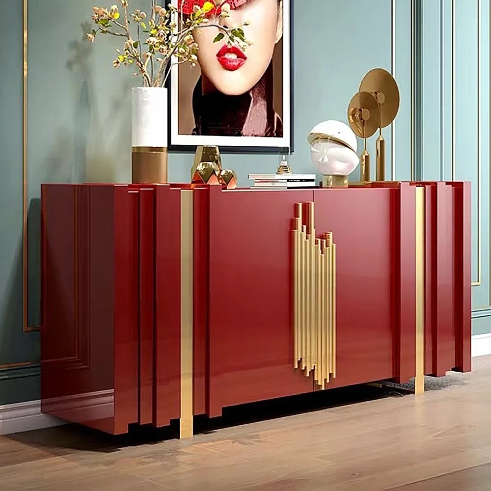 

63" Light Luxury Sideboard Red Rectangular Buffet with 2 Doors & 2 Shelves in Gold