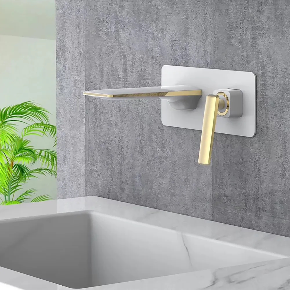 Contemporary White and Gold Single Handle Wall Mounted Solid Brass Bathroom Sink Faucet